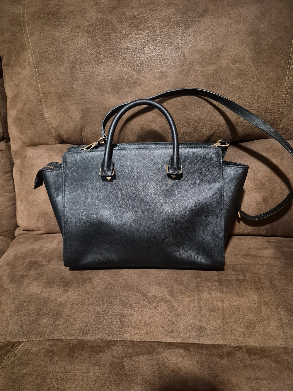 Michael Kors Black Saffiano Leather Satchel with Gold MK Charm